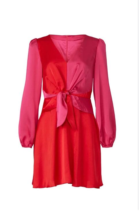 Milly Dresses & Skirts - Milly Stella Satin Red Pink Colorblock Tie Waist Long Sleeve V-Neck Mini Dress 4
